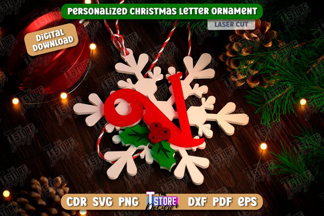 Christmas Letter Ornament Laser Cut | Christmas Tree Toy | Snowflake | Monogram | Personalized Hanging Tree Toy | CNC File SVG The T Store Design 