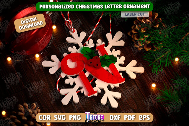 Christmas Letter Ornament Laser Cut | Christmas Tree Toy | Snowflake | Monogram | Personalized Hanging Tree Toy | CNC File SVG The T Store Design 