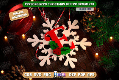 Christmas Letter Ornament Laser Cut | Christmas Tree Toy | Snowflake | Monogram | Personalized Hanging Tree Toy | CNC File SVG The T Store Design 
