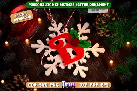 Christmas Letter Ornament Laser Cut | Christmas Tree Toy | Snowflake | Monogram | Personalized Hanging Tree Toy | CNC File SVG The T Store Design 