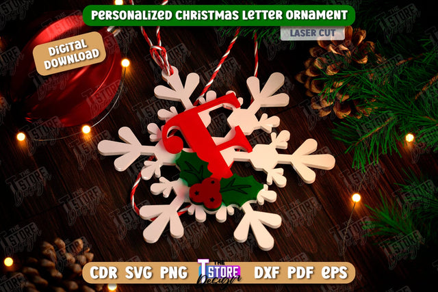 Christmas Letter Ornament Laser Cut | Christmas Tree Toy | Snowflake | Monogram | Personalized Hanging Tree Toy | CNC File SVG The T Store Design 