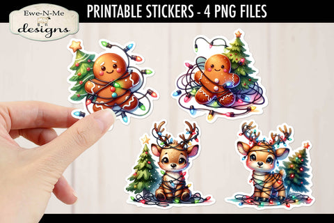 Christmas Lights Printable Stickers | 4 PNG Stickers | Reindeer Gingerbread Sublimation Ewe-N-Me Designs 