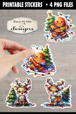 Christmas Lights Printable Stickers | 4 PNG Stickers | Reindeer Gingerbread Sublimation Ewe-N-Me Designs 