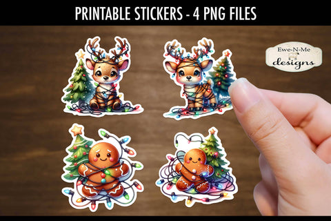 Christmas Lights Printable Stickers | 4 PNG Stickers | Reindeer Gingerbread Sublimation Ewe-N-Me Designs 