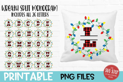 Christmas Lights Wreath Split Monogram PNG | Buffalo Plaid Alphabet | 26 Letter Printable Monogram Bundle | Sublimation Ready Sublimation The SVG Stop 