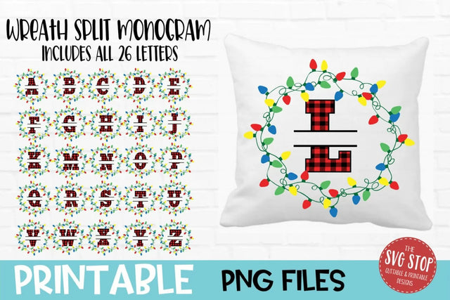 Christmas Lights Wreath Split Monogram PNG | Buffalo Plaid Alphabet | 26 Letter Printable Monogram Bundle | Sublimation Ready Sublimation The SVG Stop 