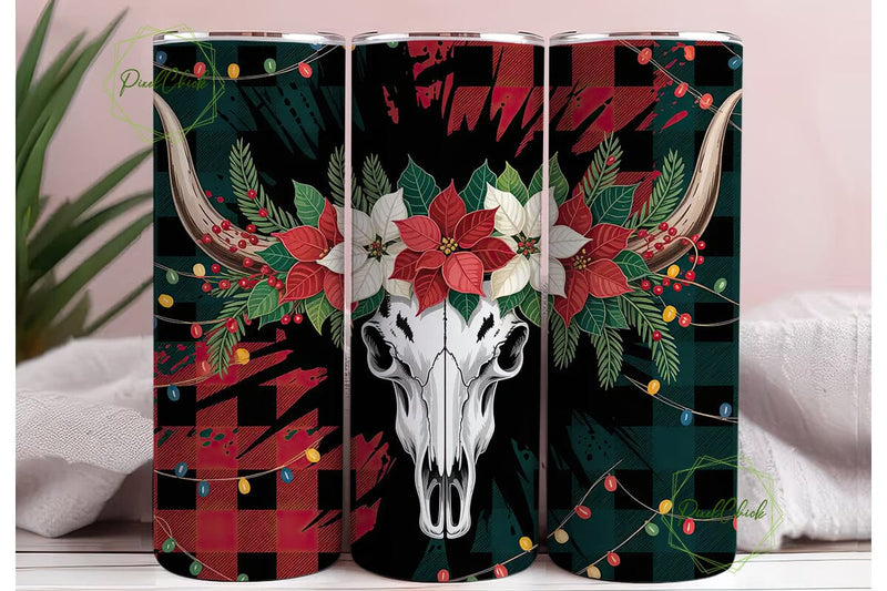 Christmas Longhorn Skull 20oz Tumbler Sublimation PixelChick 