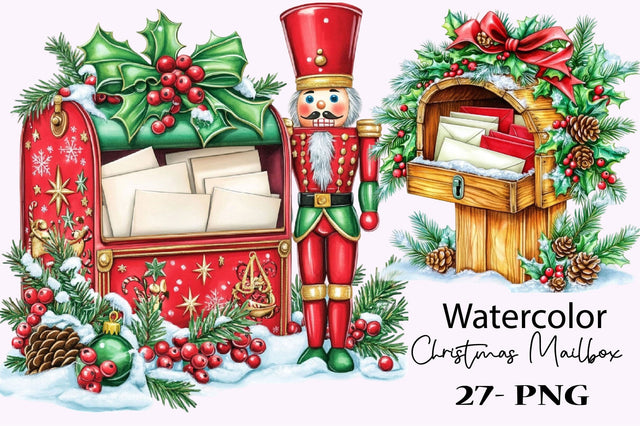 Christmas Mailbox Watercolor Clipart Sublimation SVGArt 