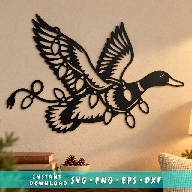 Christmas Mallard Laser SVG | Duck with Christmas Lights DXF | Flying Duck Metal Wall Art | Holiday Plasma CNC Cutting File SVG HappyDesignStudio 