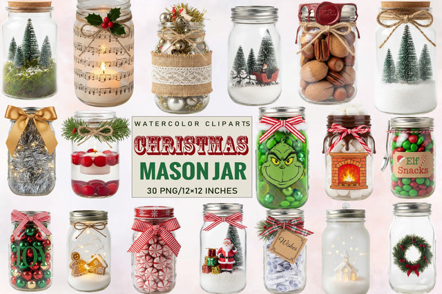 Christmas Mason Jar Sublimation Clipart Bundle. Sublimation SVGArt 