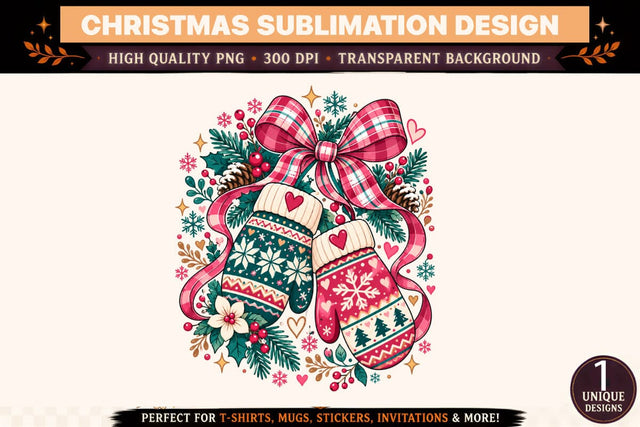 Christmas Mittens PNG, Nordic Winter Mittens Sublimation Design, Pink Plaid Bow Christmas Clipart, Holiday PNG Sublimation BlackCatsMedia 