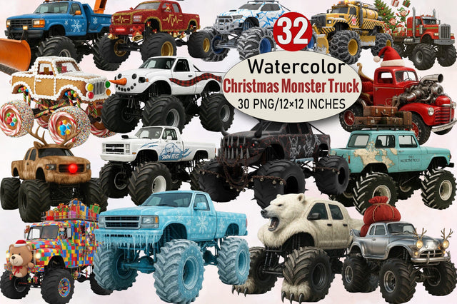 Christmas Monster Truck Sublimation Clipart Bundle. Sublimation SVGArt 