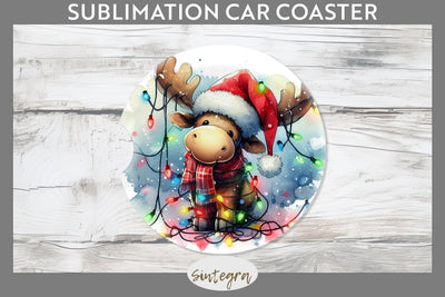 Christmas Moose Entangled in Lights Car Coaster Sublimation Sublimation Sintegra 