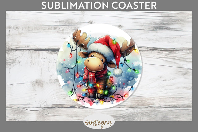 Christmas Moose Entangled in Lights Round Coaster Sublimation Sublimation Sintegra 