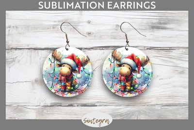 Christmas Moose Entangled in Lights Round Earrings Sublimation Sublimation Sintegra 
