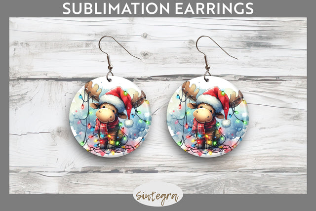Christmas Moose Entangled in Lights Round Earrings Sublimation Sublimation Sintegra 