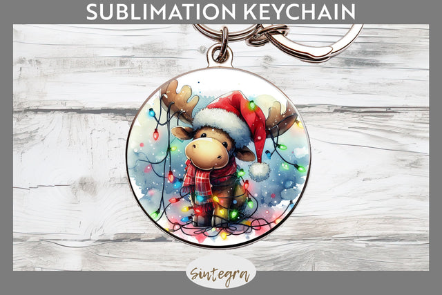 Christmas Moose Entangled in Lights Round Keychain Sublimation Sublimation Sintegra 