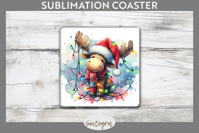 Christmas Moose Entangled in Lights Square Coaster Sublimation Sublimation Sintegra 