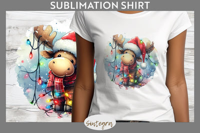 Christmas Moose Entangled in Lights T-shirt Sublimation Sublimation Sintegra 