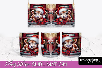 Christmas Mug Wrap - Highland Cow Mug Sublimation Sublimation OrangeBrushStudio 