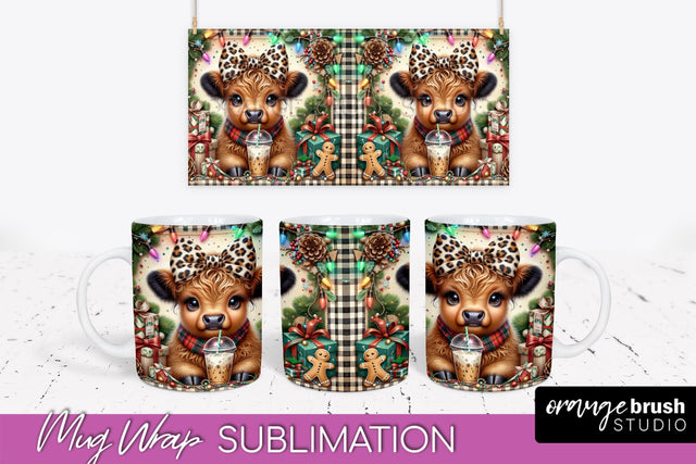 Christmas Mug Wrap - Highland Cow Mug Sublimation Sublimation OrangeBrushStudio 