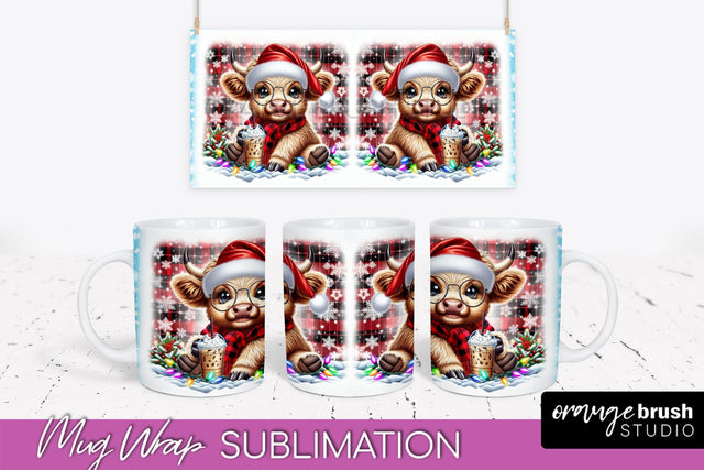 Christmas Mug Wrap - Highland Cow Mug Sublimation Sublimation OrangeBrushStudio 