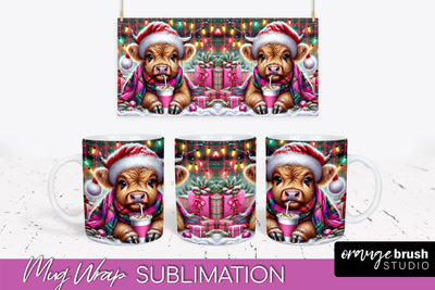 Christmas Mug Wrap - Highland Cow Mug Sublimation Sublimation OrangeBrushStudio 