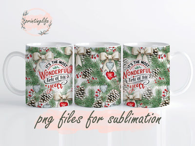 Christmas Mug Wrap Most Wonderful Time of the Year Holiday Cup Wrap Winter Pine Cone PNG Sublimation Digital Design 11oz Sublimation PrintingLife 