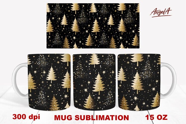 Christmas mug wrap sublimation, gold sparkle christmas tree Sublimation Angelina Semenova 