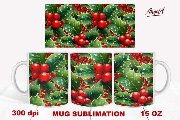 christmas mug wrap sublimation / holly berry, holly leaves Sublimation Angelina Semenova 