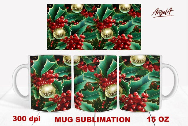 christmas mug wrap sublimation / shiny holly berry, gold Sublimation Angelina Semenova 