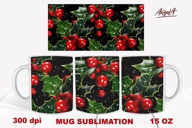 christmas mug wrap sublimation / shiny holly berry, leaves Sublimation Angelina Semenova 