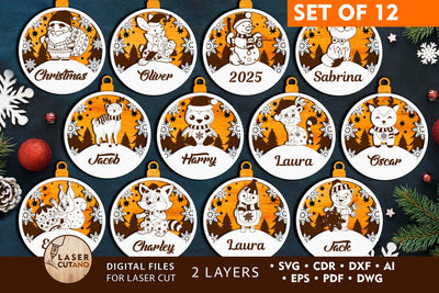 Christmas Names Ornaments Set of 12, Laser Cut Files SVG LaserCutano 