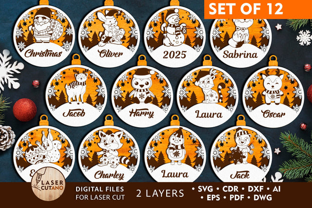 Christmas Names Ornaments Set of 12, Laser Cut Files SVG LaserCutano 