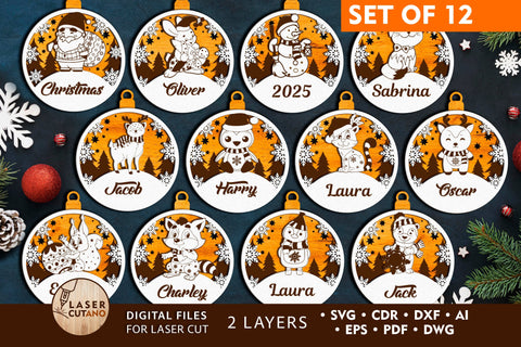 Christmas Names Ornaments Set of 12, Laser Cut Files SVG LaserCutano 