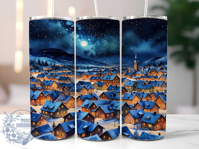 Christmas Night Town 20oz Skinny Tumbler, Stars Snowy Village Tumbler Png, Straight & Tapered Tumbler Wrap, Instant Digital Download Sublimation ToriDesigns 