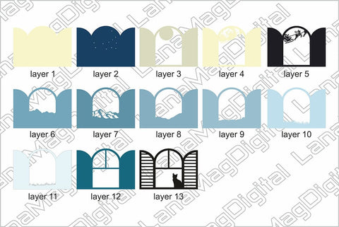 Christmas Night window mountain view shadow box Santa Claus 3D Paper LanaMagDigital 