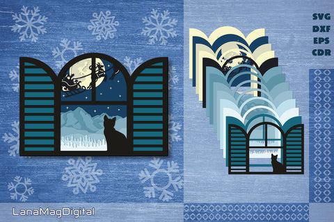 Christmas Night window mountain view shadow box Santa Claus 3D Paper LanaMagDigital 
