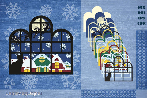 Christmas Night window shadow box svg Santa Claus with deers 3D Paper LanaMagDigital 