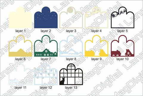 Christmas Night window shadow box svg Santa Claus with deers 3D Paper LanaMagDigital 