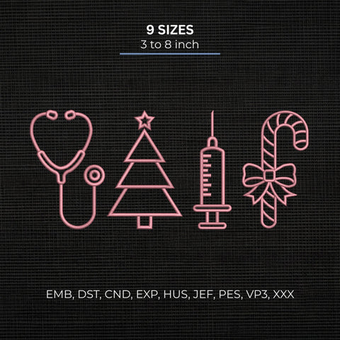 Christmas Nurse Embroidery Design – Pink Stethoscope Christmas Tree Syringe Candy Cane Medical Machine Embroidery File Embroidery/Applique DESIGNS PatternFeed8 