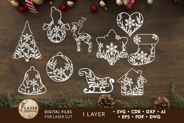 Christmas Onelayered Decorative Ornaments Set SVG LaserCutano 