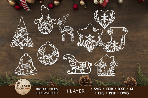 Christmas Onelayered Decorative Ornaments Set SVG LaserCutano 