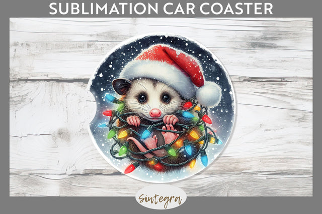 Christmas Opossum Entangled in Lights Car Coaster Sublimation Sublimation Sintegra 
