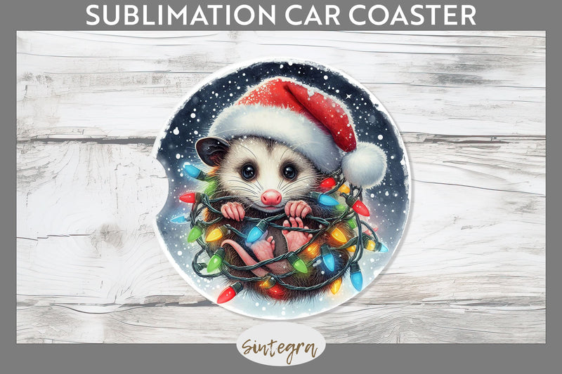 Christmas Opossum Entangled in Lights Car Coaster Sublimation Sublimation Sintegra 