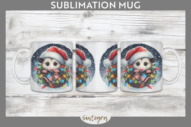 Christmas Opossum Entangled in Lights Mug Wrap Sublimation Sublimation Sintegra 