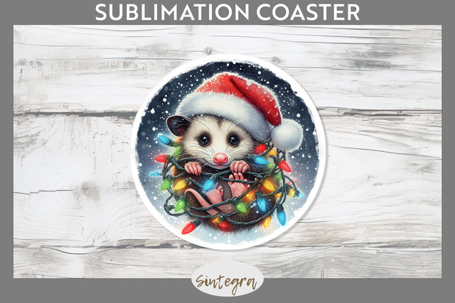 Christmas Opossum Entangled in Lights Round Coaster Sublimation Sublimation Sintegra 