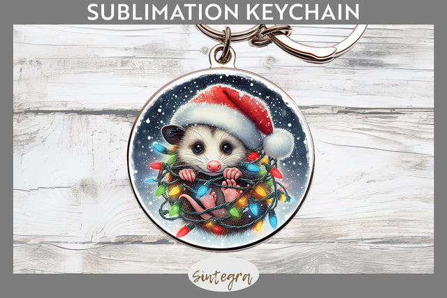 Christmas Opossum Entangled in Lights Round Keychain Sublimation Sublimation Sintegra 