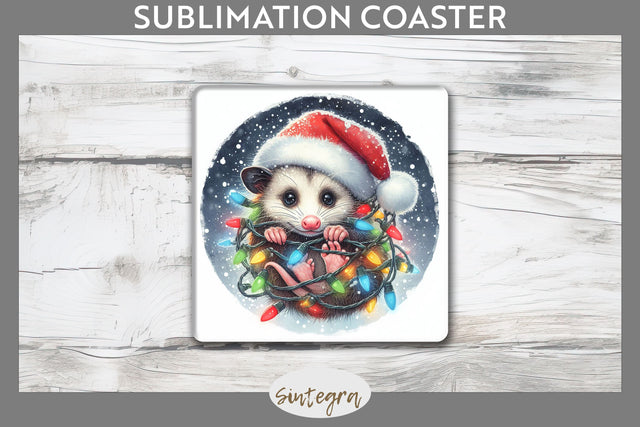 Christmas Opossum Entangled in Lights Square Coaster Sublimation Sublimation Sintegra 