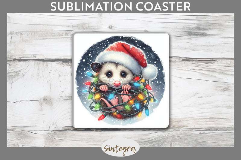 Christmas Opossum Entangled in Lights Square Coaster Sublimation Sublimation Sintegra 